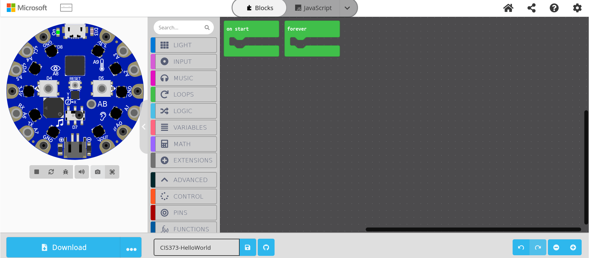 CircuitPlayground Bluefruit simulator